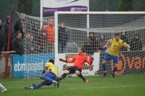 IMG 5134-A-Chelmsford-shot-is-clearly-over-the-line-before-being-cleared-by-Rian-Bray-but-unseen-by-the-officials.-Chelmsford-scored-from-the-resulting-corner.