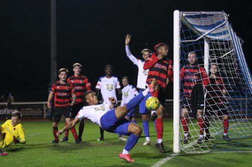 IMG 7203-Luke-Cook-cant-reach-the-ball-after-a-miscued-punch-by-Bedfont-keeper-George-Gay