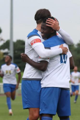 Ebrima Sawaneh (R) celebrates his goal with Sam Youngs