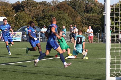 IMG 4888-Margate-keeper-Pat-Ohman-blocks-Lewis-Taaffes-attempt-on-goal