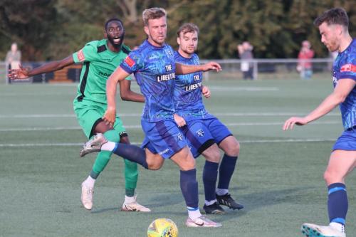 IMG 4923-Margates-Ben-Swift-and-Sam-Blackman-shield-Muhammadu-Faal-as-Joe-Anderson-clears