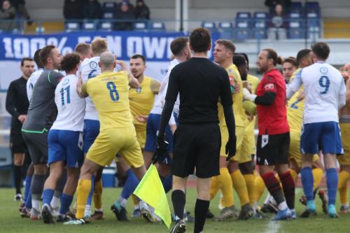 IMG 1995-The-match-arguably-turned-on-this-confrontation-which-saw-red-cards-for-Enfields-Lewis-Knight-and-James-Richmond-and-Stortfords-Harry-Beadle