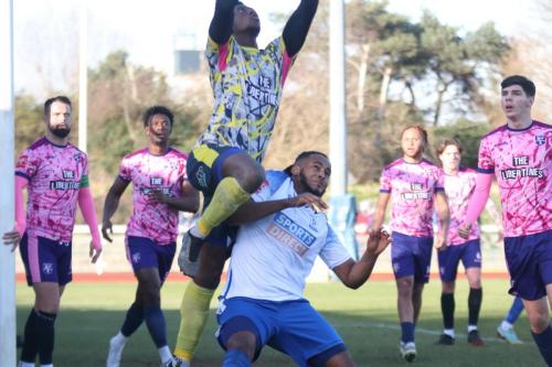 IMG 5435-Margate-keeper-Daniel-Jinadu-climbs-above-Joshua-Okotcha