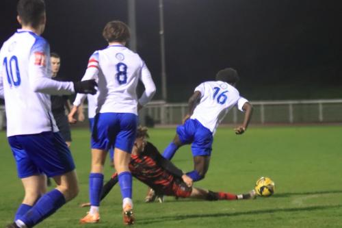 IMG 5877-Bradley-Russell-fouls-Ebraima-Davies-on-the-edge-of-the-penalty-area