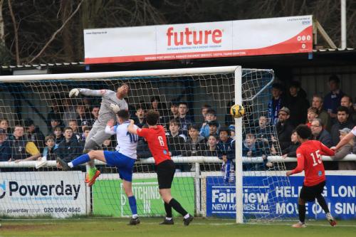IMG 9441-Lewes-keeper-Nathan-Harvey-can-only-watch-as-the-ball-drifts-wide