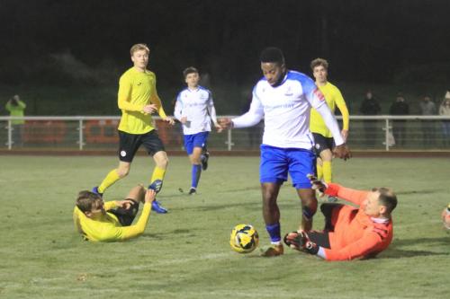 IMG 5300-Skjold-goalkeeper-Thomas-Thygesen-fouls-Reece-Beckles-Richards-to-concede-a-penalty