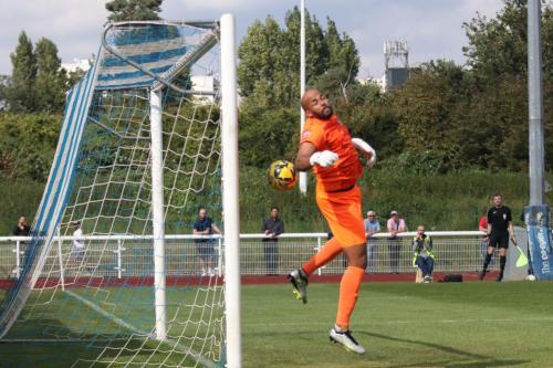 IMG 0600-Potters-Bars-Preston-Edwards-is-beaten-by-James-Richmods-header-which-rebounds-to-safety-off-the-crossbar