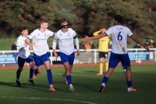 IMG 3765-L-r-Ollie-Knight-Hayden-Bullas-scorer-Sam-Youngs-and-Henry-Hawkins-celebrate-the-Enfield-goal